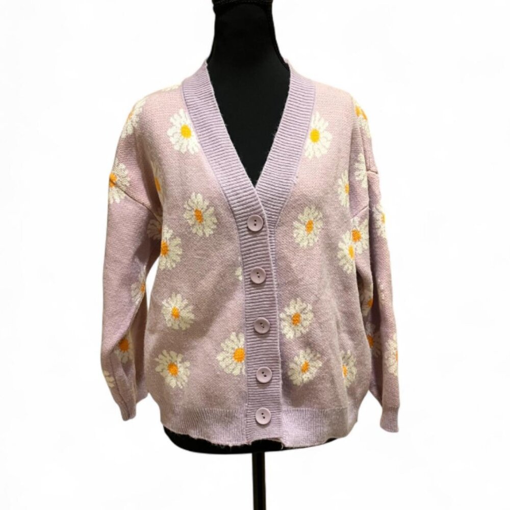 Lavender Knit Cardigan with Daisies Size S